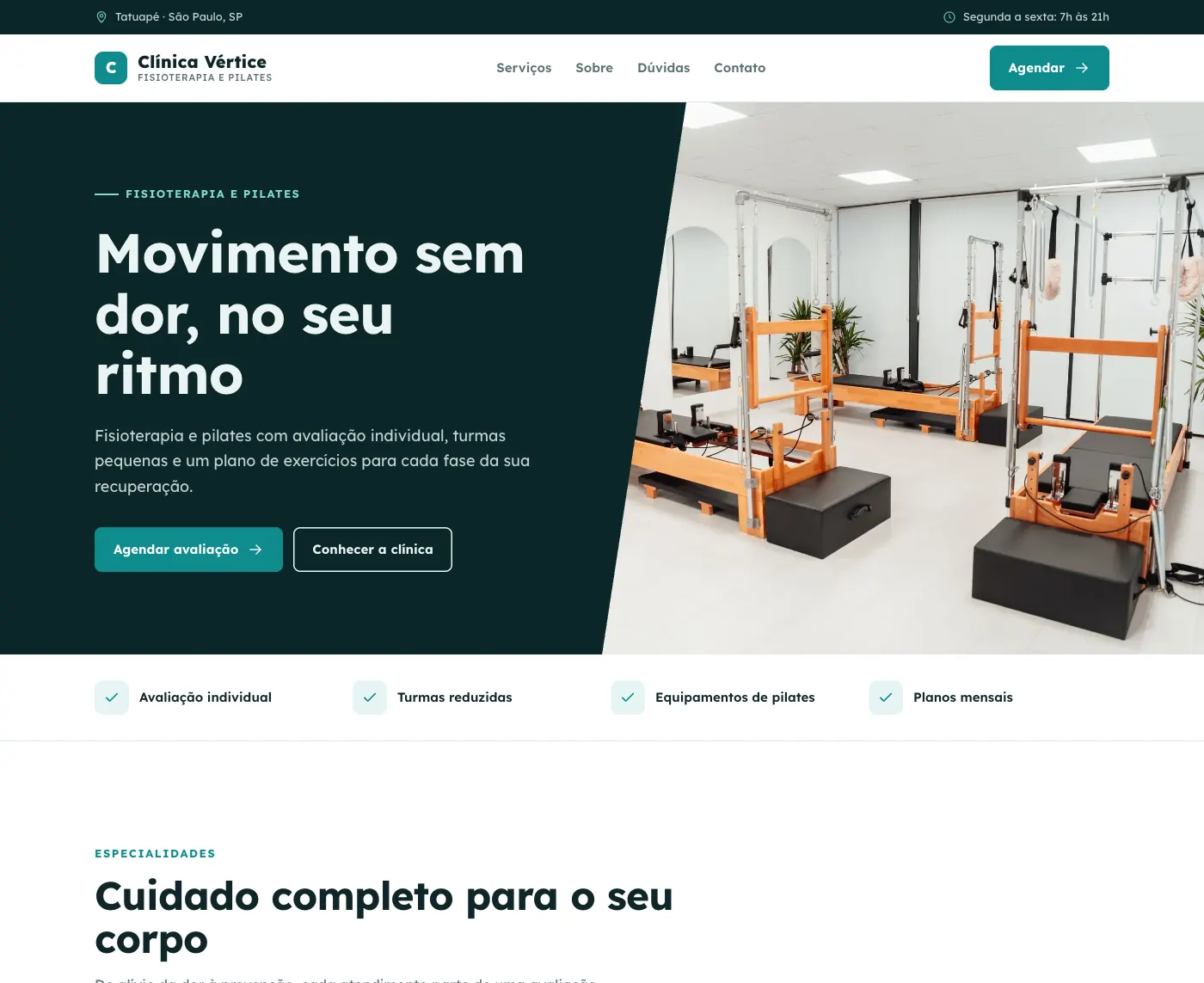 Página inicial do modelo Clínica Vértice