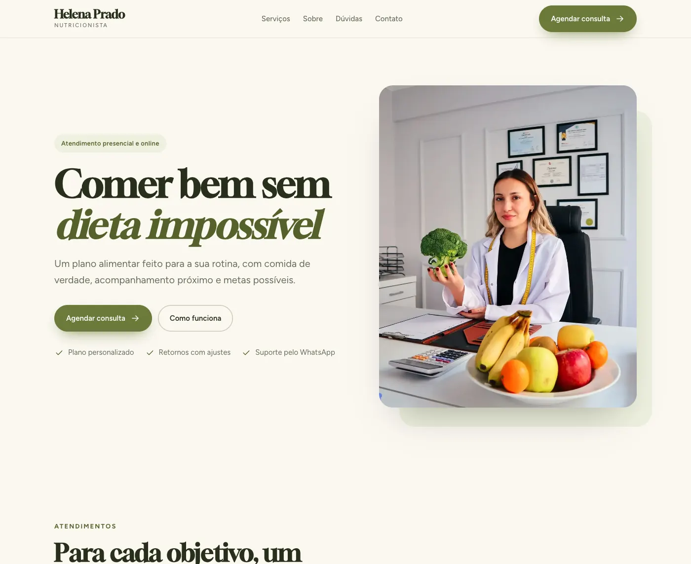 Página inicial do modelo Helena Prado Nutrição