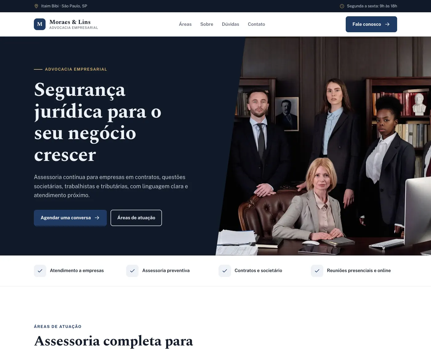 Página inicial do modelo Moraes & Lins Advogados
