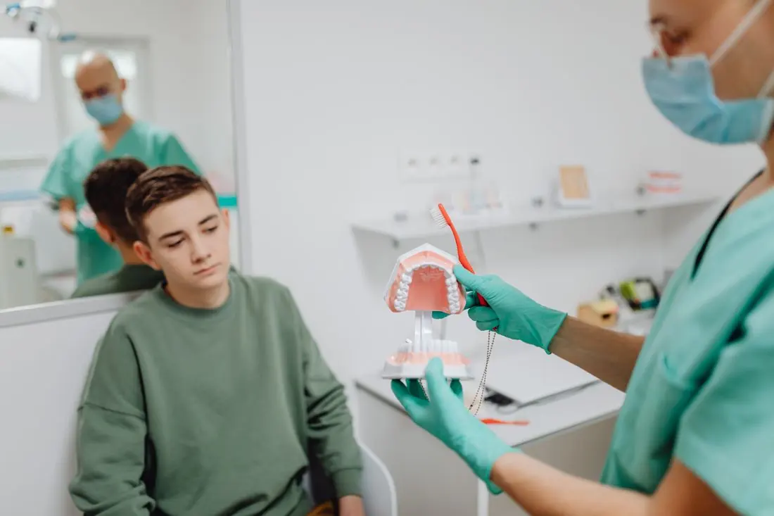 Dentista mostrando um modelo de arcada a um paciente